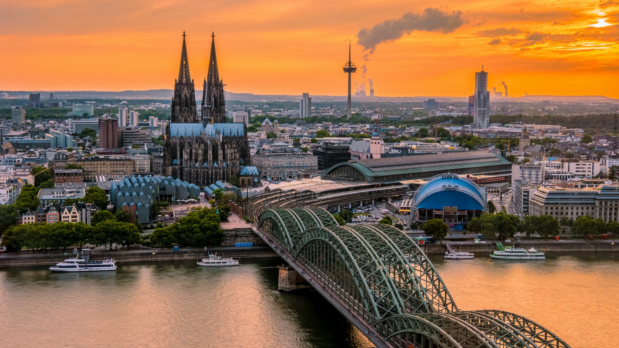 Cologne Koln Germany during sunset, Cologne bridge with cathedral