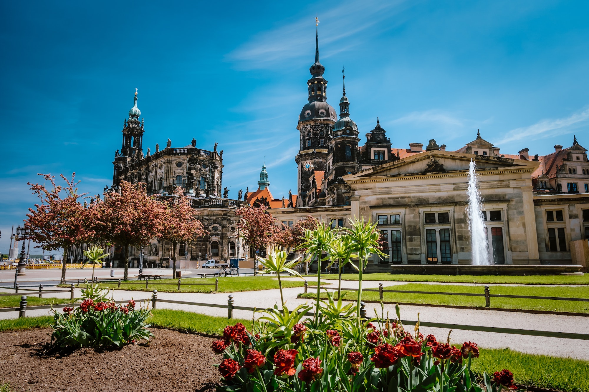 Dresden, Germany. Spring scene in historical cityscape, residence kings of Saxony Dresden Castle