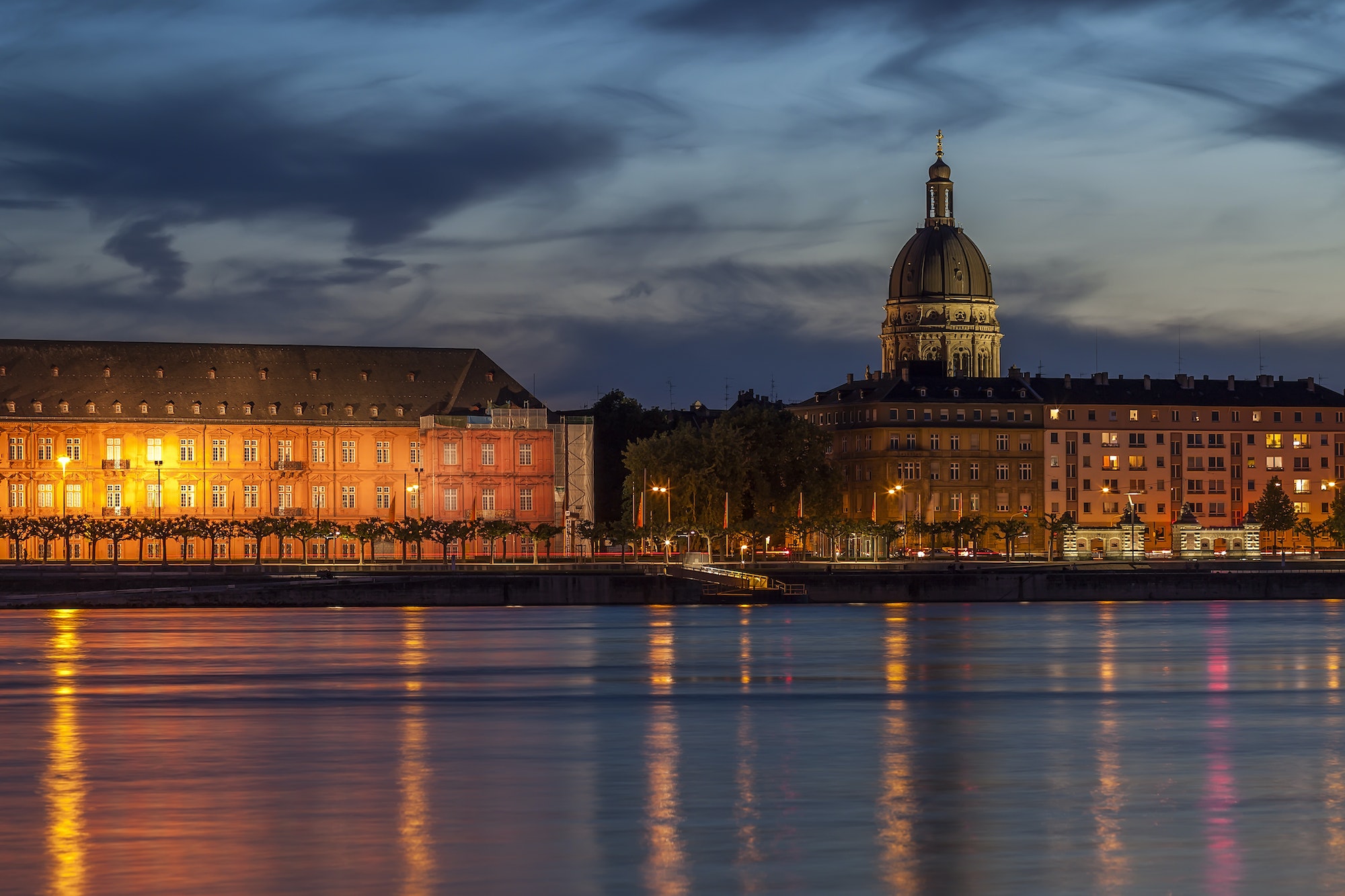 Beautiful sunset night over Rhine / Rhein river in Mainz near Frankfurt am Main, Germany